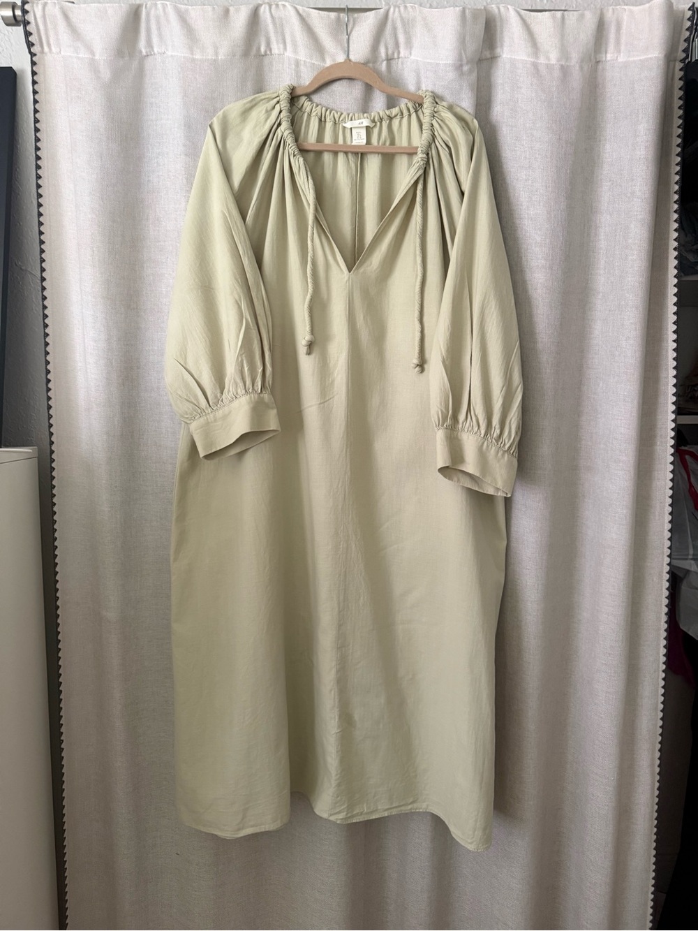 H&M Light Sage Drawstring V-Neck Midi Dress